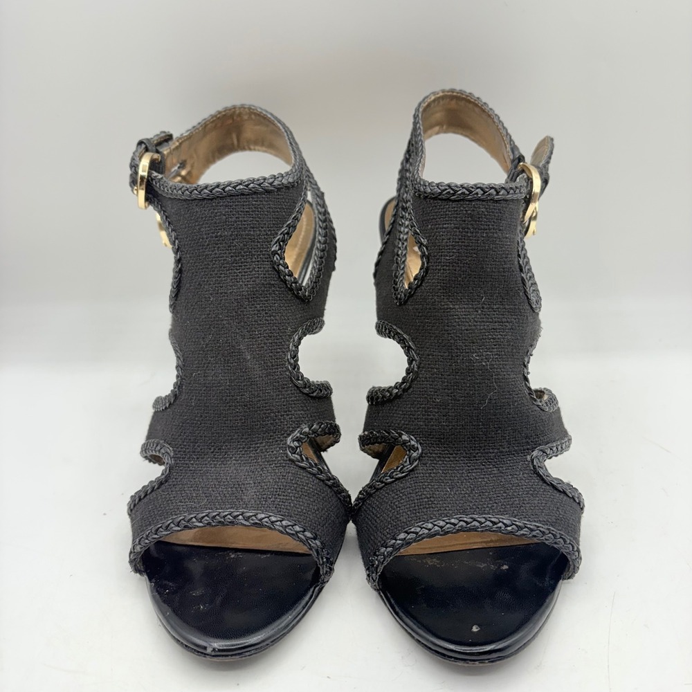 Tahari Lexie Black Canvas Braided Trim Heeled Sandals Size 8.5‎ M Gold Buckle - Picture 3 of 12